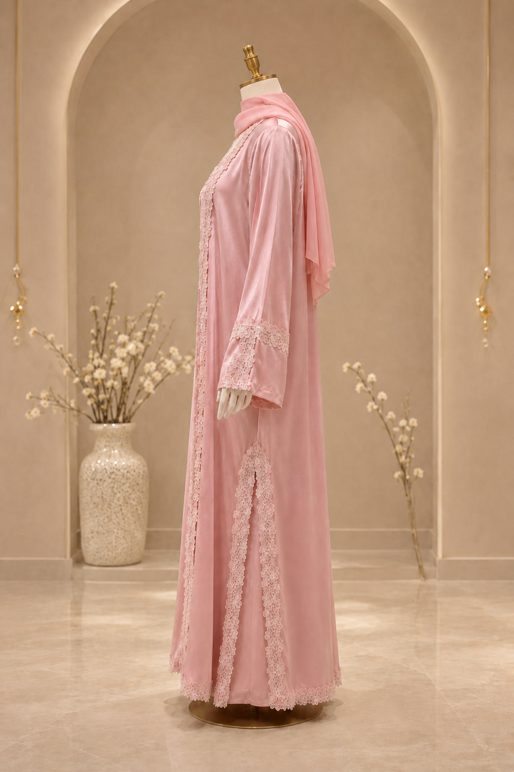 Barbie Pink Abaya on a mannequin, right side view
