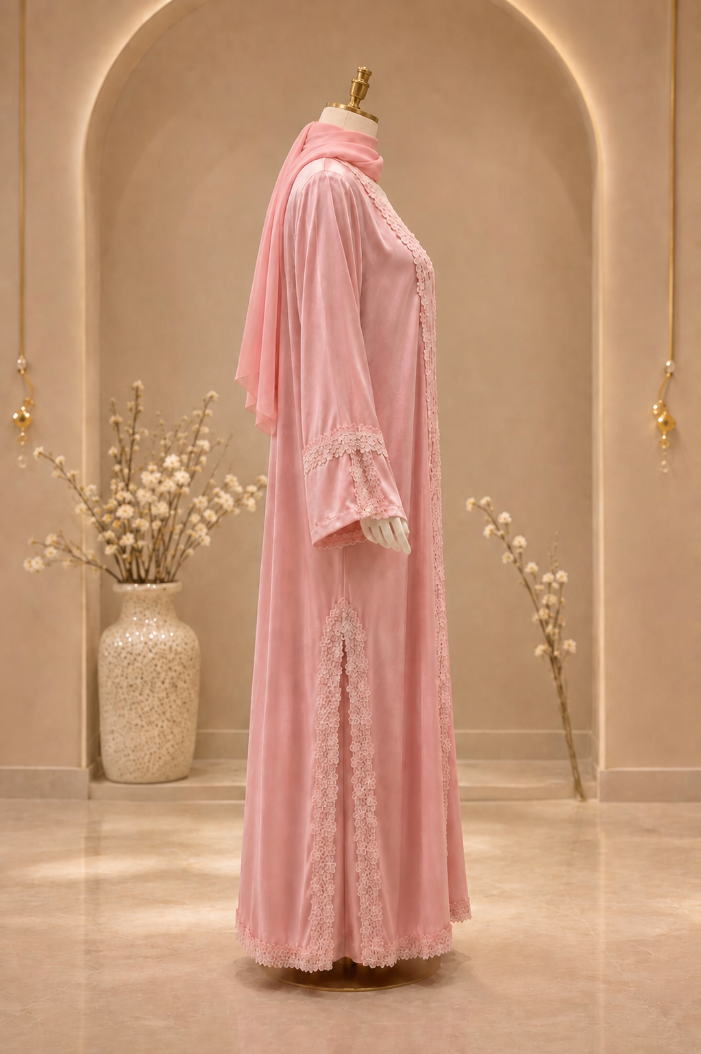 Barbie Pink Abaya on a mannequin, left side view