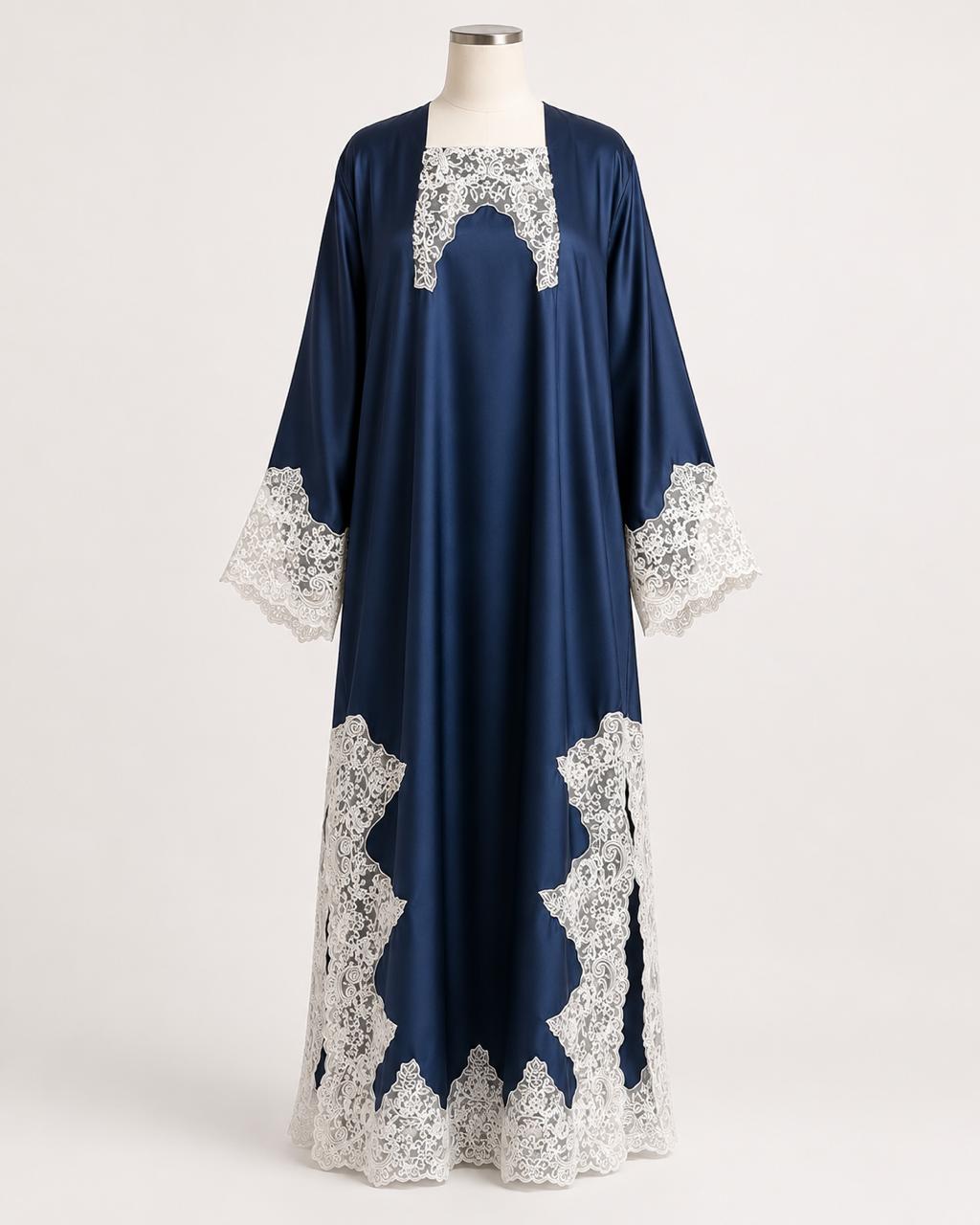 Midnight Lace Abaya on a headless mannequin, front view