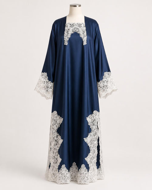Midnight Lace Abaya on a headless mannequin, front view