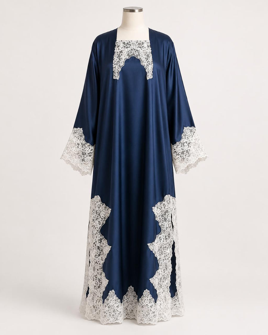 Midnight Lace Abaya on a headless mannequin, front view