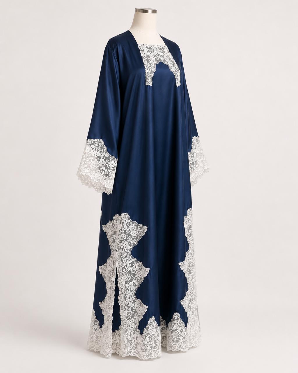 Midnight Lace Abaya on a headless mannequin, three-quarter view