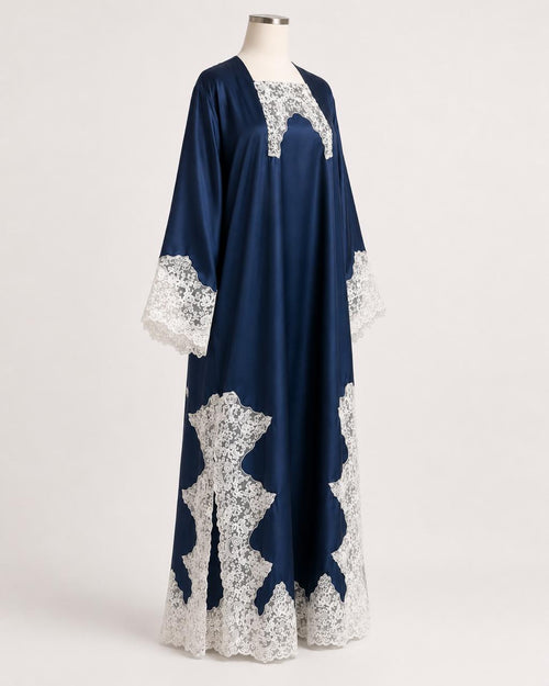 Midnight Lace Abaya on a headless mannequin, three-quarter view