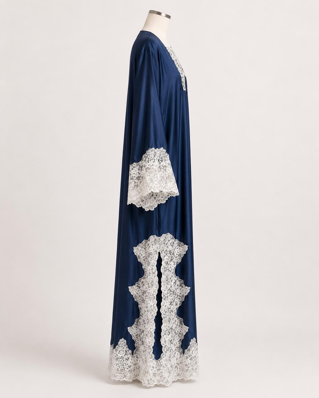Midnight Lace Abaya on a headless mannequin, side view