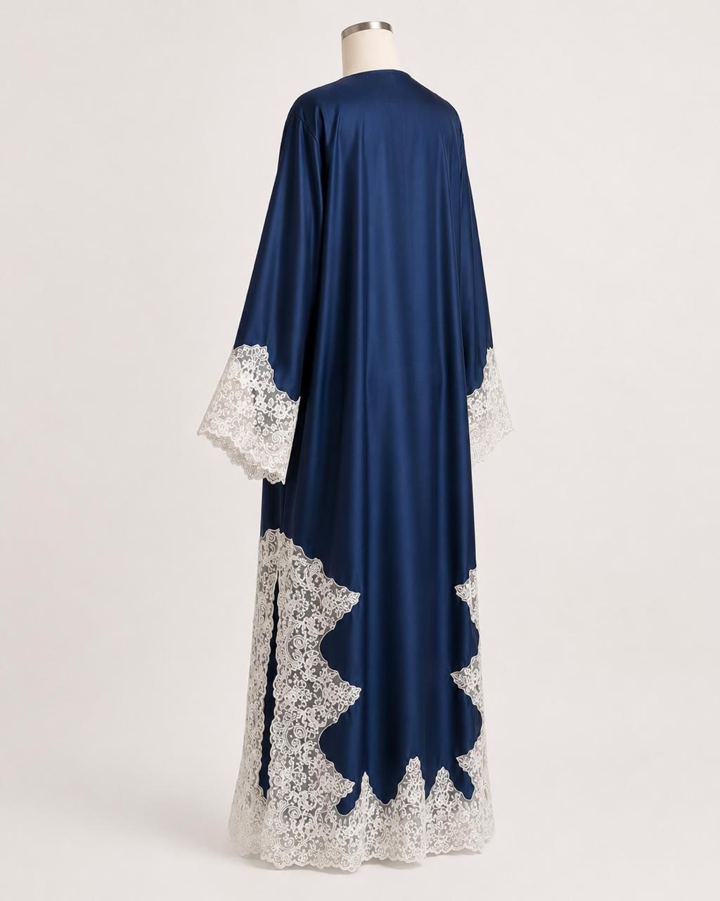 Midnight Lace Abaya on a headless mannequin, back quarter view