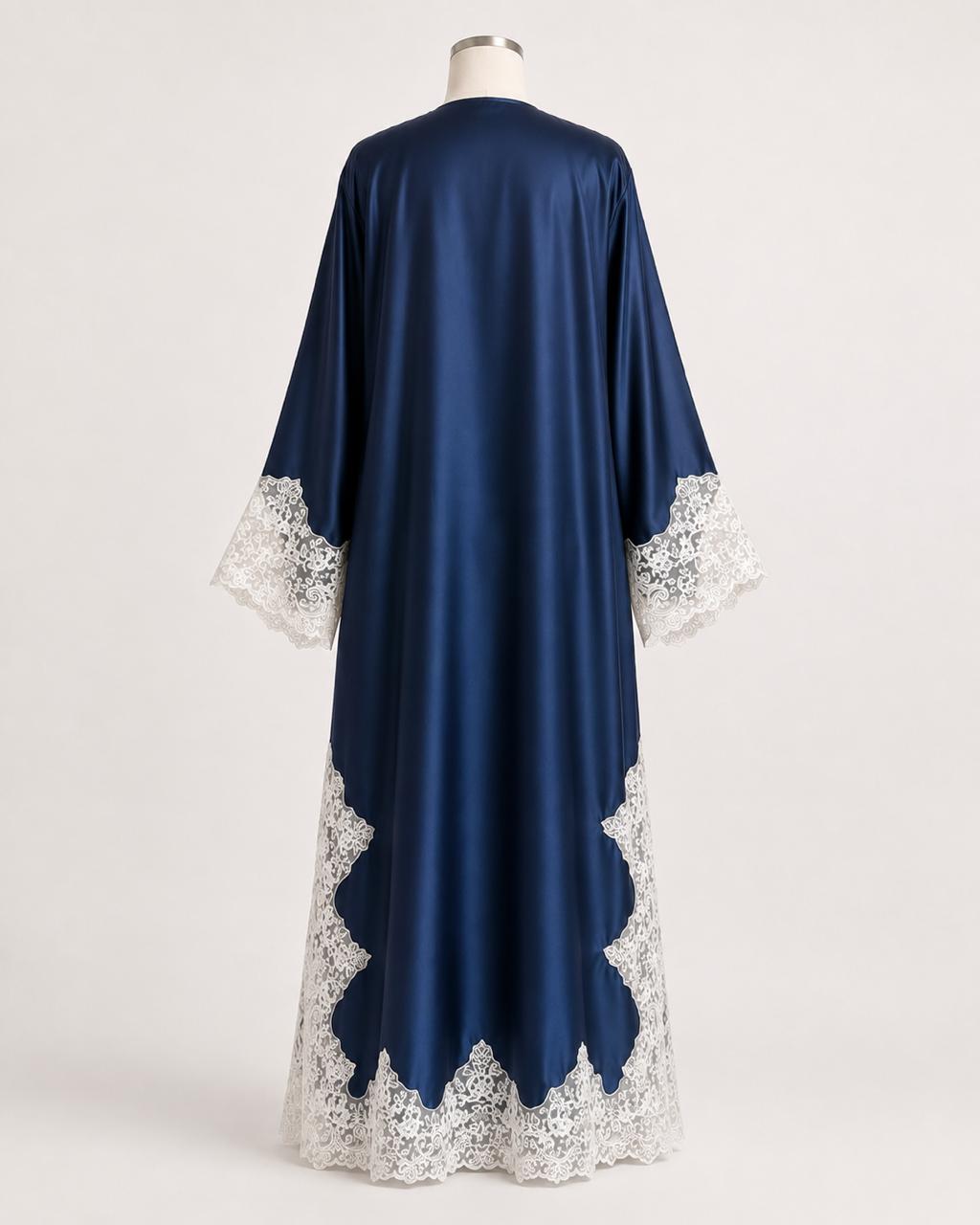 Midnight Lace Abaya on a headless mannequin, back view