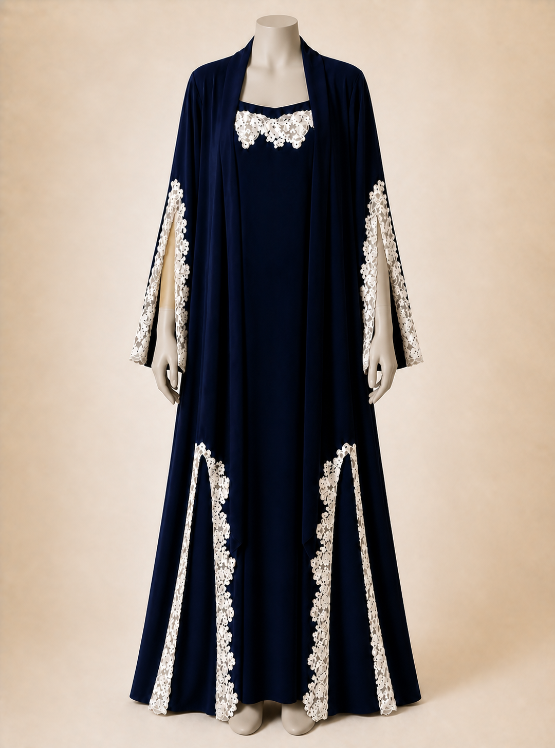 Midnight Lace Abaya on a headless matte mannequin, front view