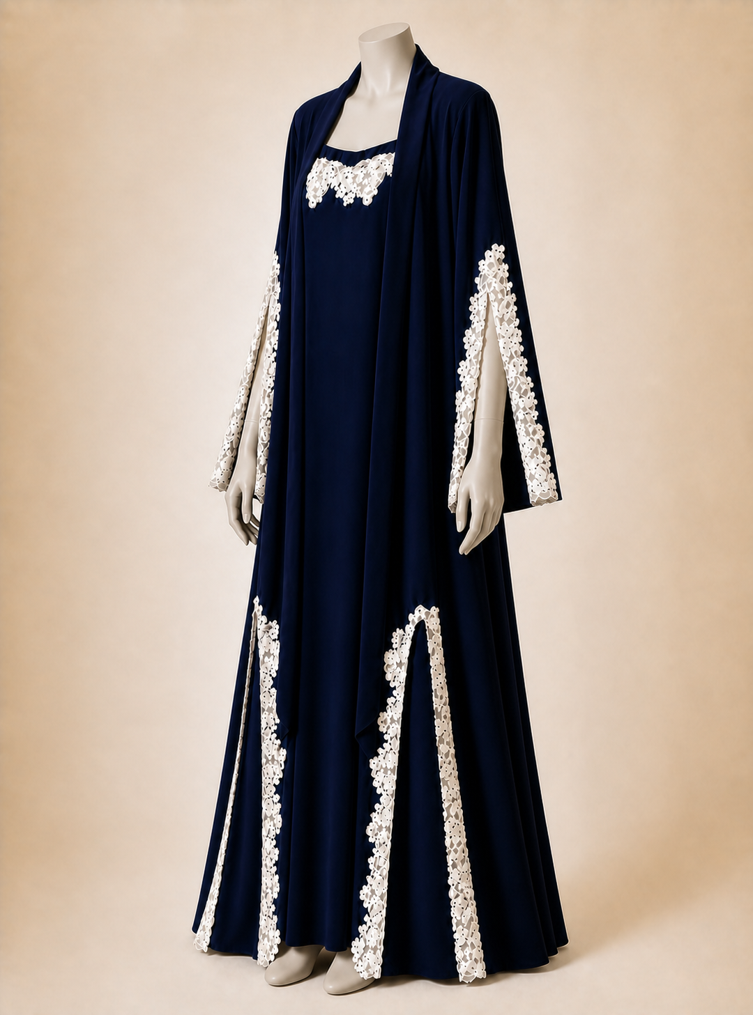 Midnight Lace Abaya on a headless matte mannequin, front-right view