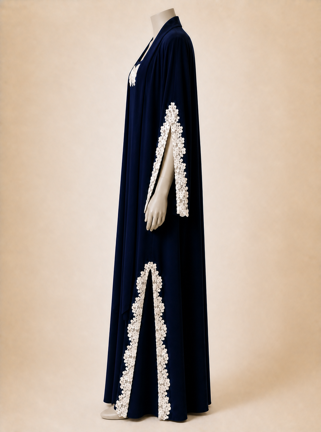 Midnight Lace Abaya on a headless matte mannequin, right-side view