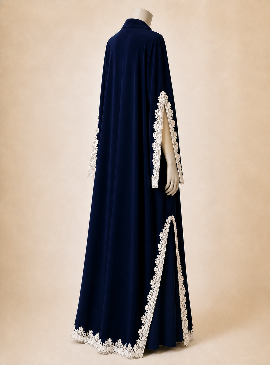 Midnight Lace Abaya on a headless matte mannequin, back-right view