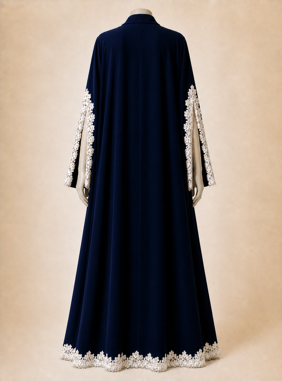 Midnight Lace Abaya on a headless matte mannequin, back view