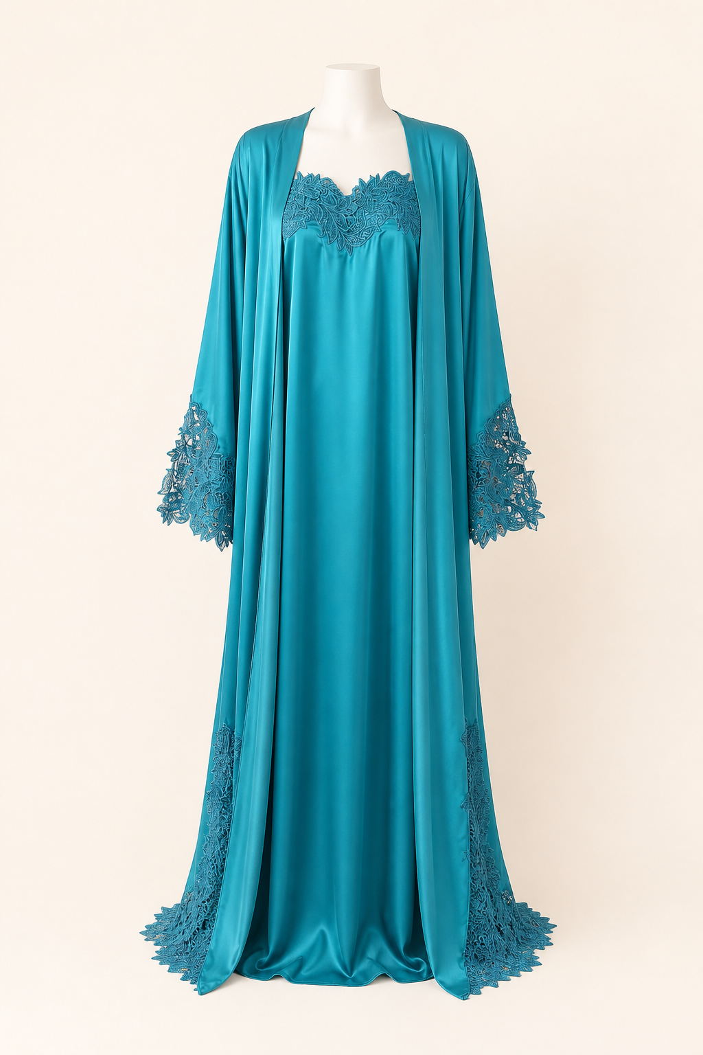Turquoise Bloom Abaya on a headless mannequin, front view