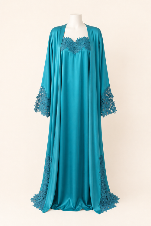 Turquoise Bloom Abaya on a headless mannequin, front view