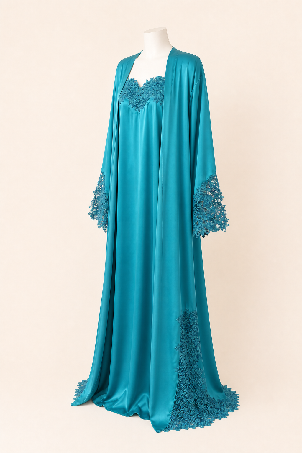 Turquoise Bloom Abaya on a headless mannequin, front three-quarter view
