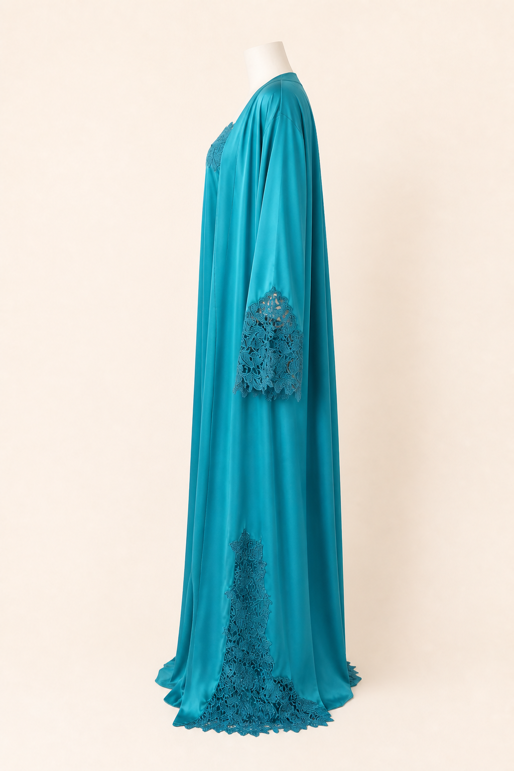 Turquoise Bloom Abaya on a headless mannequin, side view