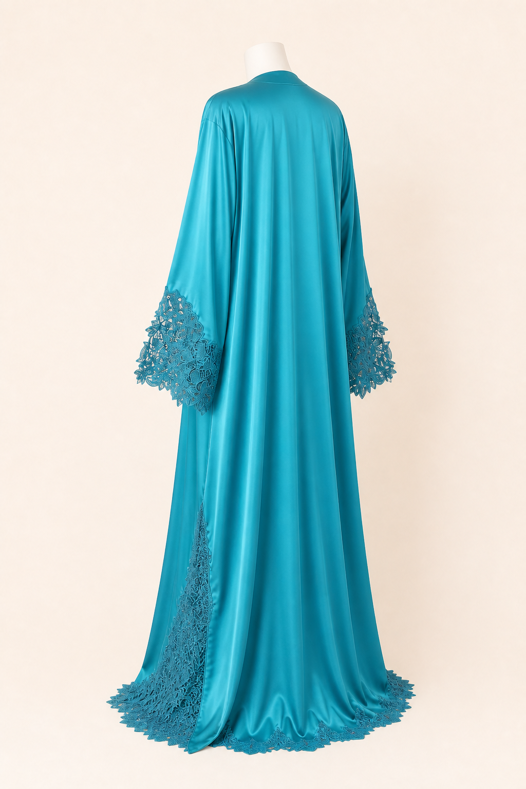 Turquoise Bloom Abaya on a headless mannequin, back three-quarter view