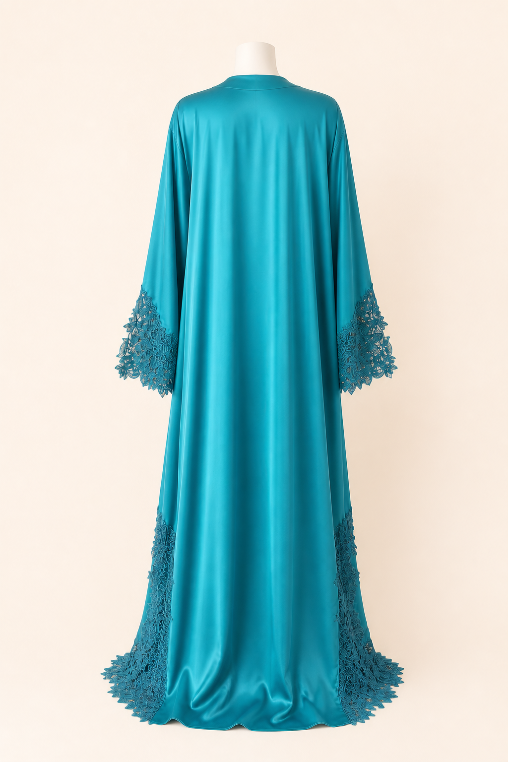 Turquoise Bloom Abaya on a headless mannequin, back view