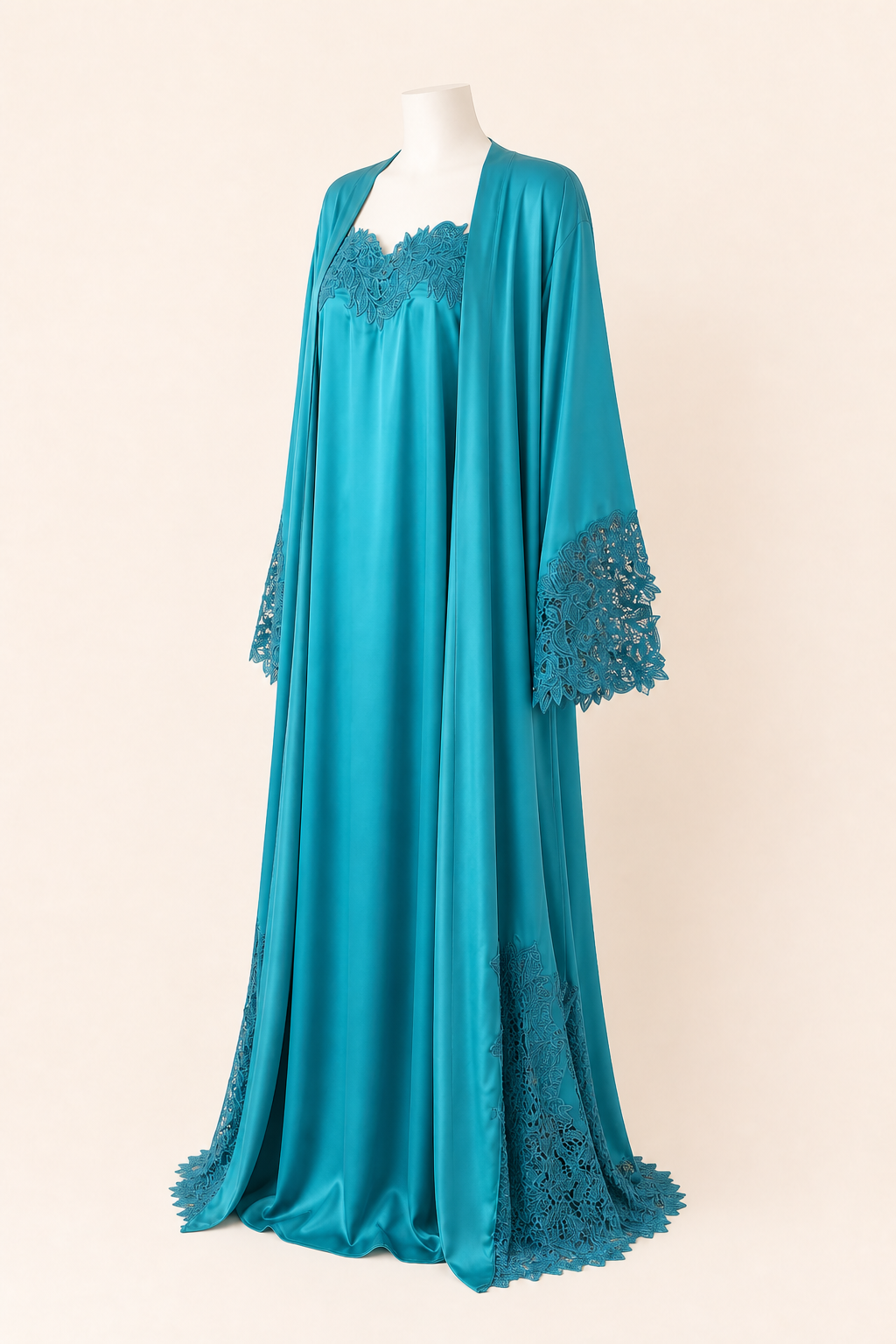 Turquoise Bloom Abaya on a headless mannequin, opposite three-quarter view